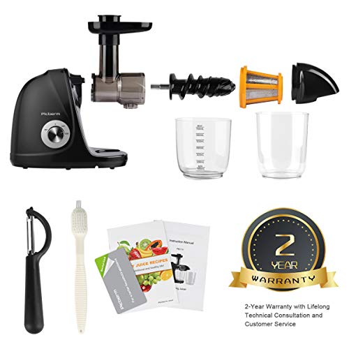 Juicer Machines, Picberm Slow Masticating Juicer Extractor with Quiet Motor Easy to Clean, BPA-Free Cold Press Anti-Blocking Juicer with Peeler, Brush & Recipes for Fruits and Vegetables, Black
