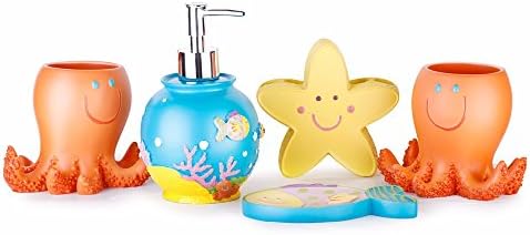 Pandain Resin Bath Accessory Set, Soap Dispenser Pump, Toothbrush Holder, Soap Dish, Tumbler×2, Marine Life Design, Home Décor