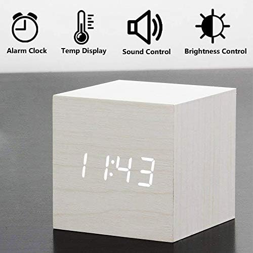 dingshilidianziyouxiang Digital Clock, Wooden Electronic LED with Time Display with Day/Date/Temperature and Humidity USB/Battery Powered for Home, Office, Kids,Bedroom,Student Alarm Clock (White)