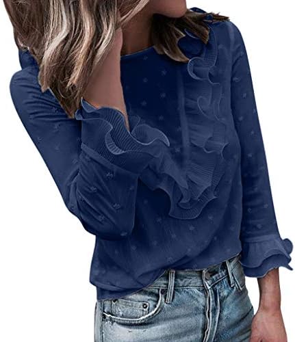 Daylin Women Ladies Casual Solid Popular Nice Soft Lace Polka Dot O Neck T-Shirt Long Sleeve Tops Blouse