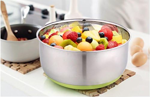 Stainless Steel Non-Slip Mixing Bowl with Green Silicone Bottom/Metal Bowl/Enamel Bowl - Prep & serve bowl with measurements/Skid free Bowl for whisking egg and batter and serving