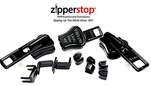 ZipperStop Wholesale - Zipper Repair Kit Solution - YKK #8 Molded Pulls Vislon Slider Made in USA - 3 Sliders Per Pack with Top and Bottom Stoppers Color Black.