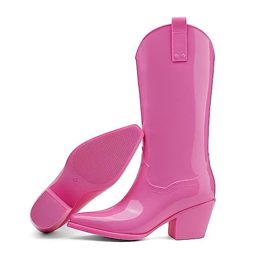 TINSTREE RAIN BOOTS FOR WOMEN TALL KNEE HIGH COWGIRL BOOTIES CHUNKY RAIN BOOTS SLIP ON RAINBOOTS GARDEN RAIN SHOES FOR YARD FARM OUTDOOR WORK PINK,11