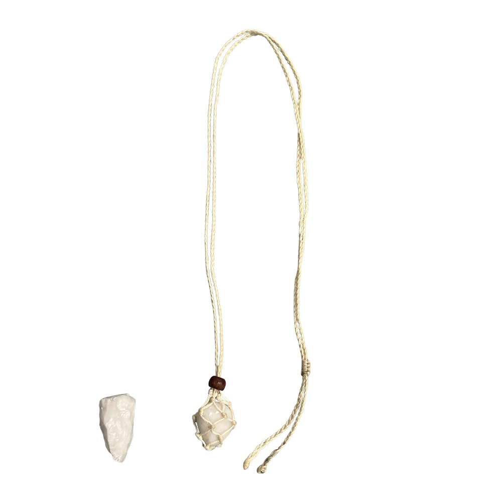 VIE Off White Macrame Necklace, White Agate Tumbled, with White Agate Rough Cut