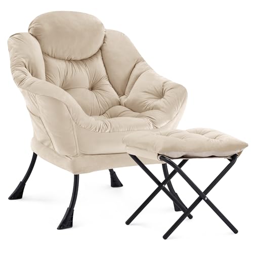 Zedachica Lazy Chair with Ottoman, Modern Upholstered Accent Armchair with Foot Stool, Lounge Reading Chair for Adults, Leisure Living Room Armchair with Side Pocket for Bedroom, Dorm, Beige
