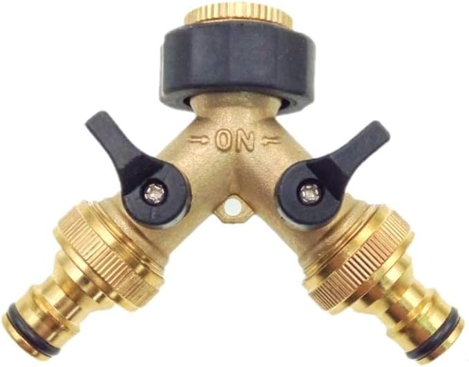 Dunnet Tools 2 Way Brass Hose Connectors Splitter 3/4" Tap Connector with Individual On/Off Outside Tap Kit 1/2" Quick Connect System for Hosepipe Fittings Y Hose Pipe Adapter