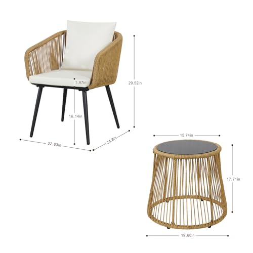 YIYAN 3 Piece Patio Bistro Set, Wicker Outdoor Patio Set with Enhanced Comfort Seating, Round Glass Top Coffee Side Table, Patio Rattan Conversation Set for Balcony, Lawn, Garden, Backyard (White)
