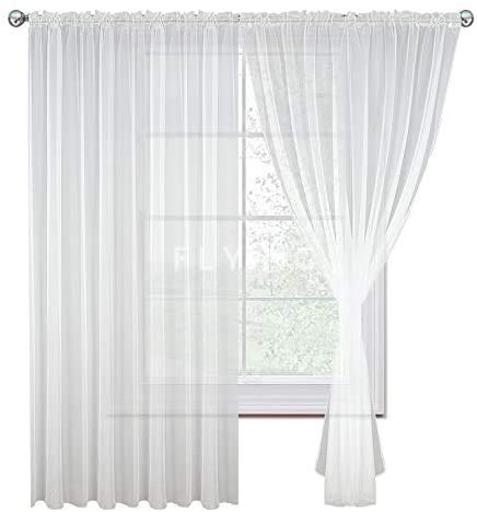 FKL DESIGN Voile Curtains Set of 2 Beautiful Living Room Kitchen Curtains with Ruffle Tape Transparent LB-PT-CN (145 x 250)