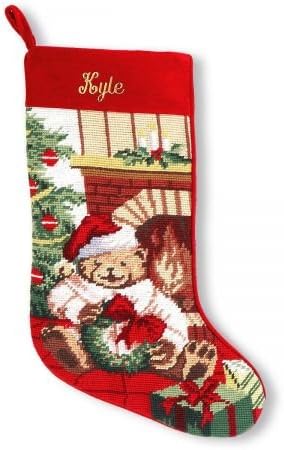 Stockings & Holders - Lillian Vernon Personalized Heirloom Christmas Stocking Needlepoint Teddy Bear, 100% Wool, 9.5