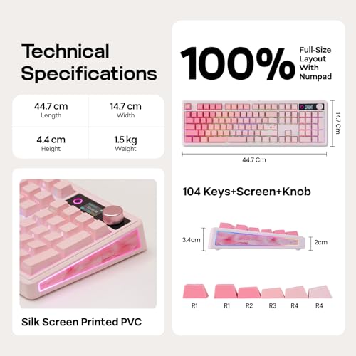 EPOMAKER TH108 V2 PRO Full Size Mechanical Keyboard with Screen&Knob, 10000mAh, BT/2.4Ghz, Mac Modifier PBT Keycap, Hot Swap, RGB, Gasket, Wireless Gaming Keyboard for Mac/PC (Pink, Creamy Jade)