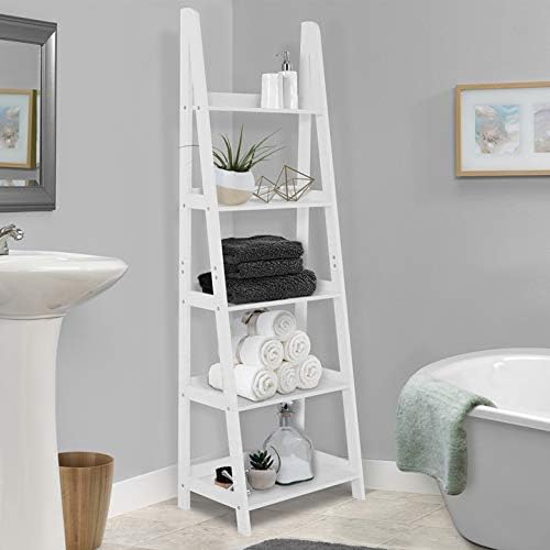 Living Essentials Greece 5 Tier Ladder Leaning Bookcase Multi-Functional Wood Storage Display Wall shelve (White)