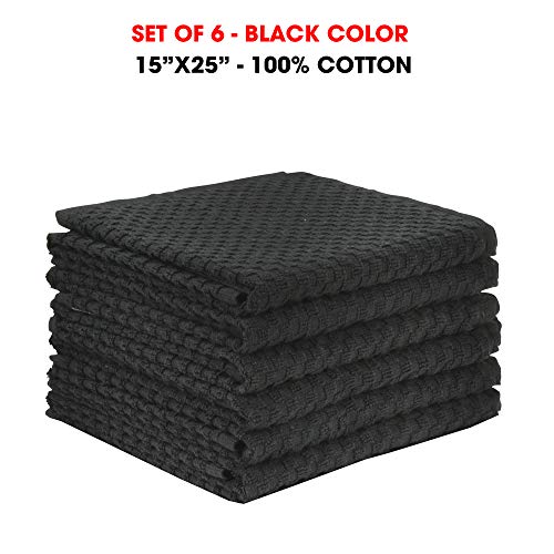 Talvania Kitchen Towels 100% Cotton Dobby Weave Terry Towel Set Soft and Absorbent Multipurpose Dish Cloth, Hand Towel and All Kitchen Cleaning 15" X 25" Set of 6 Machine Washable (Black)