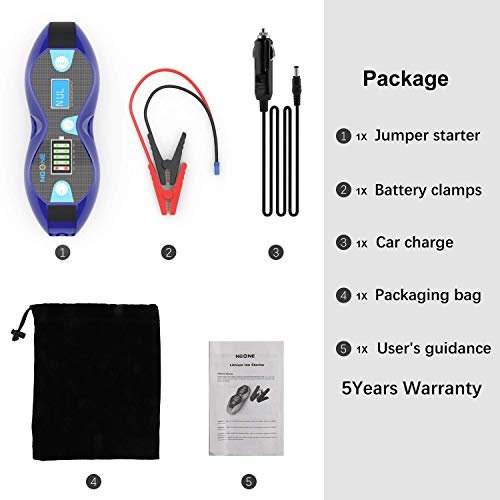 NoOne 800A Peak Current Car Jump Starter (Up to 5.5L Gas/ 3.0L Diesel Engine),12V Portable Power Pack Auto Battery, Built-in Hardware And Software Safety Protection, LED Light Include