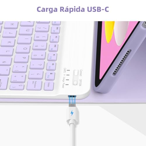 Bettdow Keyboard Case for iPad 11 Generation A16 2025/iPad 10 Generation 2022 (11/10.9 Inch), Vertical/Horizontal Use, Detachable Spanish Ñ Keyboard with Case for iPad 10/11 Gen, Purple