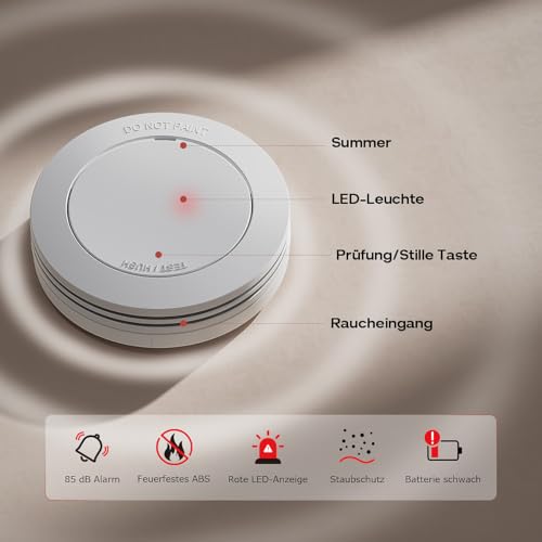 Safeliveo Smoke Detector, Fire Alarm with 10 Year Battery, 85 dB Alarm, No Flashing LED, with Mute Switch, Includes Adhesive Pads, EN 14604 Certified, Set of 5