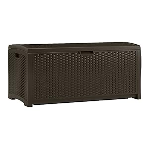 Image of Suncast 73 Gallon Resin Wicker Patio Storage Box - Waterproof Outdoor Storage Container for Toys, Furniture, Yard Tools - Store Items on Deck, Porch, Backyard - Mocha