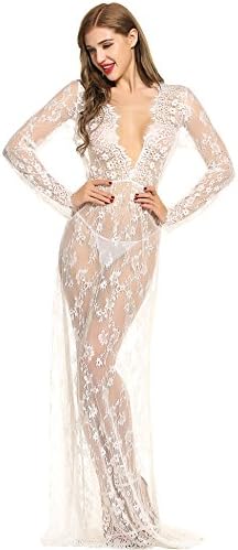 Evesleaves Maternity Sexy Deep V-Neck Long Sleeve Lace See Through Maxi Dress For Wedding XL