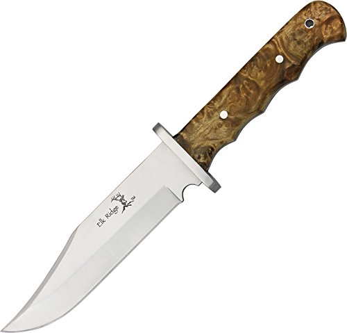Elk Ridge - Outdoors Fixed Blade Knife - 10.5-in Overall, Satin Finish Stainless Steel Blade, Burl Wood Handle, Nylon Sheath - Hunting, Camping, Survival - ER-101