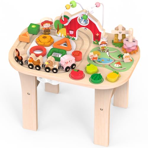 Weilim Montessori Wooden Activity Table, 1 Year Old Baby Toy with Bead Maze and Animal Shape Sorter and Train, Sensory Table, Educational Toy for Children from 12 Months
