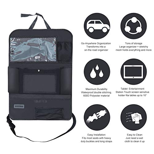 Backseat Car Organizer with Clear View iPad Holder- Large Transparent Waterproof Pocket for New Gen 13.9" Touchscreen Tablet, Storage Pouches, Kick Mat for Kids - Hanging Organization Caddy, 2 Pack - Thumbnail 6