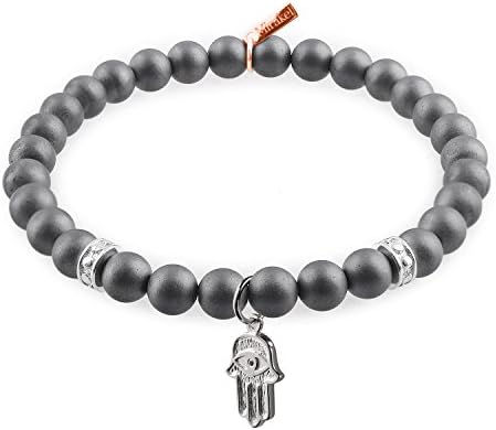 Mirakel Stockholm - Hematite Stone Bead Bracelet for Men &amp; Women with Silver Hamsa Charm (L)