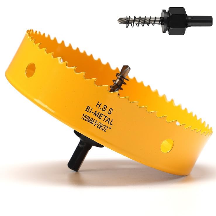150mm Hole Saw, HSS Bi-Metal Hole Cutter with Drill Bit, Heavy Duty Hole Saw for Wood, Plastic, Drywall, Fiberglass, Yellow — image 1
