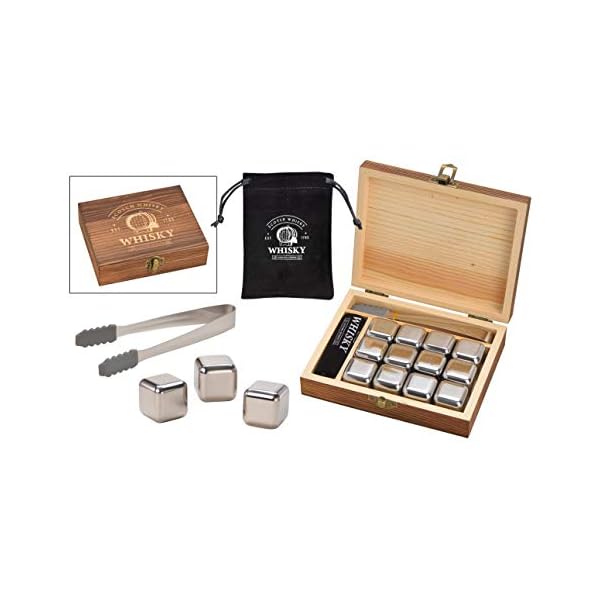WOMA Whisky Steine Set I 12 Edelstahl Kühlwürfel inkl. Zange, Samtbeutel & hochwertiger Holzbox I Wiederverwendbare Eiswürfel für Whiskey Wodka Gin Rum Tequila & Cocktails