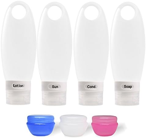 FullPlus Portable Silicone Travel Bottles Set with Cream Jars in Clear EVA Bag (3.3 oz,Pack of 7)