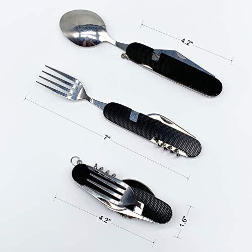 6-in-1 Multi-Function Camping Flatware Utensil Folding Knife Cutlery Detachable Pocket Kits with Storage Bags (3 Packs: Black + Gold + Green)