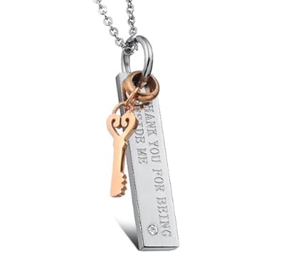 bigsoho Edelstahl Freundschaftskette mit Rose-Gold & Schwarz plattiert Schlüssel Strass Stein Partner Anhänger Silber 'THANK 