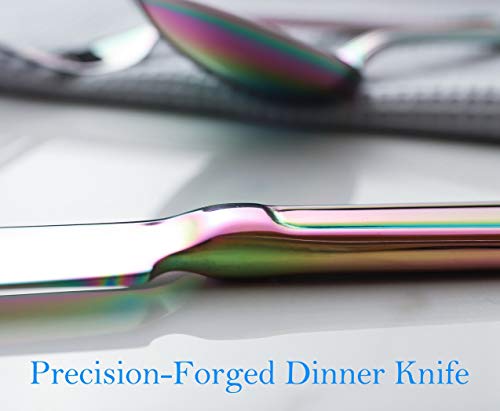 Rainbow Dinner Knife Set 6 Piece Stainless Steel Cutlery Table Knives Heavy Weight Sturdy Thick Forged Handle Silverware Flatware Eating Utensils Colourful 9.2 Inch Dishwasher Safe
