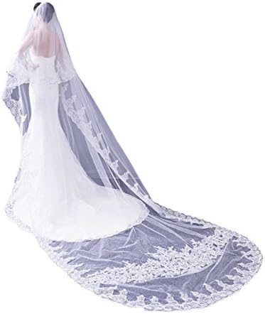Leekida White Long 2 Tiers Bling Sliver Sequin Lace Edge Cathedrall Wedding Bridal Veils