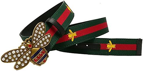 Rhinestone Peal Bee Buckle Women Belt Gift Contrast Color Embroidery Bee Canvas Leather Lady Strap Jeans
