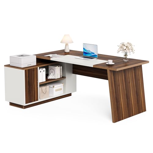 Photo 1 of LITTLE TREE 70.5-Inch Executive Desk, Large Home Office Desk with Storage Cabinet and Open Shelves, L-Shaped Computer Corner Desk, Workstation for Office Home