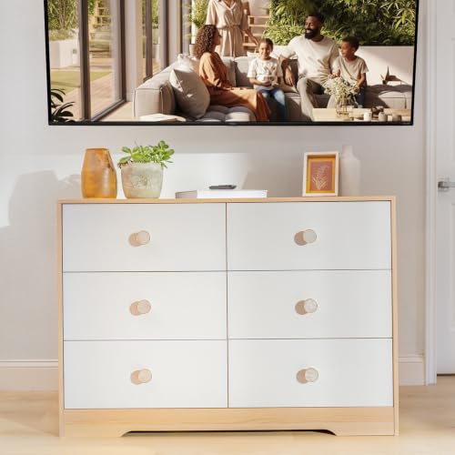 BERRY NEST Upgrade White Wood Dresser for Bedroom, 6 Drawer Dressers with Solid Wood Legs, Baby Dresser for Kids, Storage for Clothes and Baby Essentials