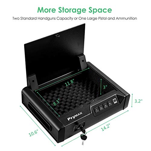 PRYMAX Biometric Gun Safe, Smart Handgun Safe with 4 Digits Code, Quick Fingerprint Access Gun Box with Auto-Open lid, 2 Pistol Capacity, Gun Cabinet for Home, Personal and Car Security