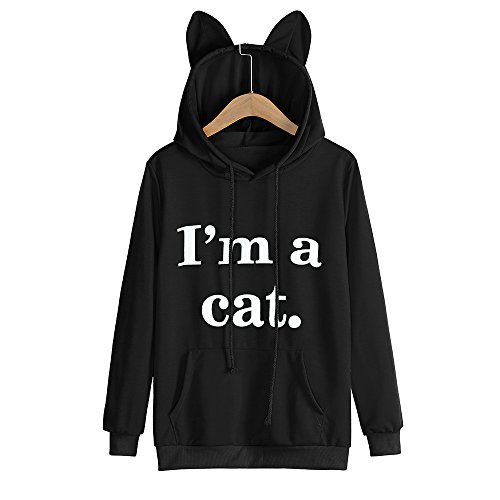 Han Shi Hoodies, Women Fashion Womens Cat Hat Letter Print Long Sleeve Shirt Tops Blouse (L=(US M), Black)