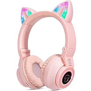 Kids-Headphones-Wireless-Light-Up-Cat-Ear-Bluetooth-Headphones-Over-Ear-Childrens-Foldable-Headphones-wMicrophone-for-Amazon-Fire-TabletLaptopiPad-Pink JYPS Kids Headphones Wireless Light Up Cat Ear Bluetooth Headphones Over Ear Childrens Foldable Headphones w/Microphone…