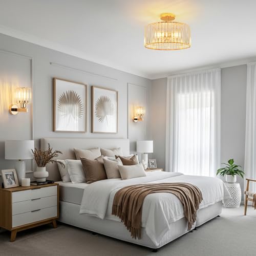 ANWIO Gold Crystal Wall Light, Modern Wall Light with E27 Base, Crystal Glass Wall Lights Interior, Wall Lamp for Bedroom, Kitchen, 2 Units (Bulbs Excluded)