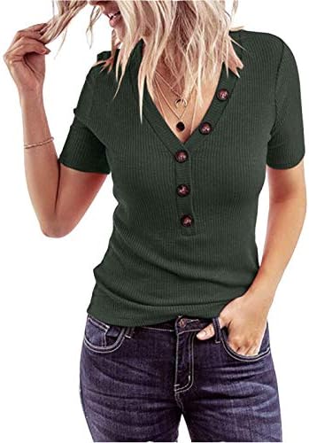 FEIYOUNG Womens Henley Shirts Shape V Neck Short Sleeve Stretch Button Down Tops Knit Tees