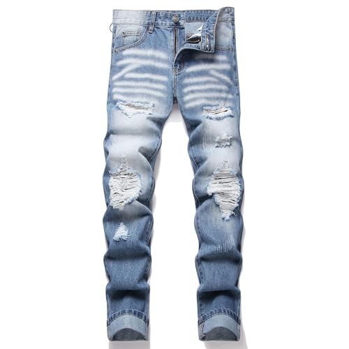 OIIIO Men's Ripped Slim Fit Straight Leg Jean Denim Pant (40, 30027 Blue) at Amazon