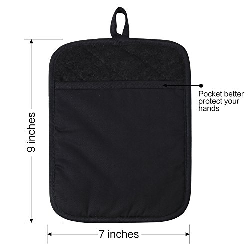 100% Cotton with Silicone Kitchen Everyday Basic Pot Holder Heat Resistant Coaster Potholder Oven Mitts with Pocket for Cooking and Baking Set of 2 Black - Thumbnail 4