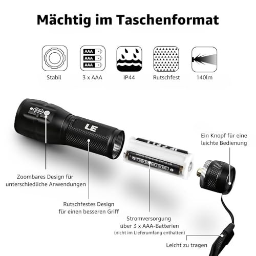 LE LED Torch Small, LE1000 Extremely Bright Zoom-able Mini Torches Battery Operated for Children, Portable, Waterproof Torch, Torch for Camping, Outdoor, Hiking, Emergencies