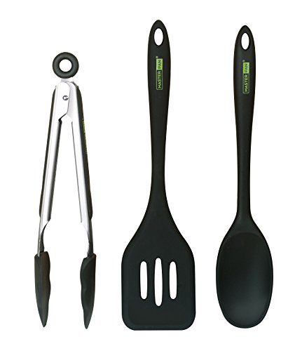 MasterPan 3 Piece Silicone Kitchen Utensils Set, Large, Black