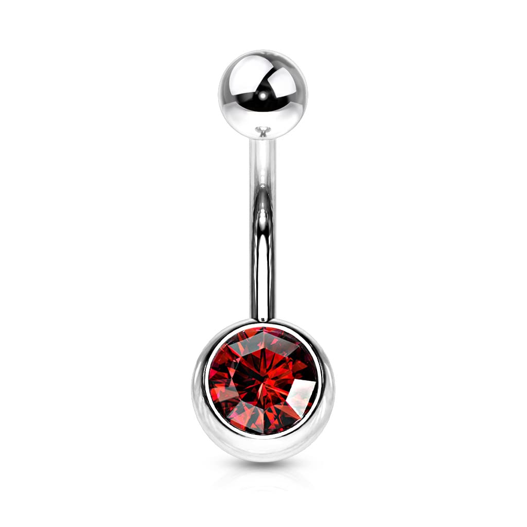 PiercedOff 316L Surgical Steel 1.6mm Externally Threaded Belly Bar with 8mm Red CZ Ball - Length 10mm