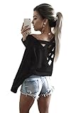 Yingkis Women Cut Out Loose Pullover Criss Cross Backless Sweater Shirt Top,B M
