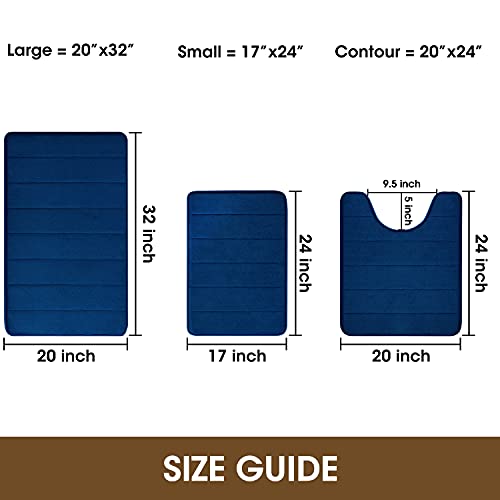 BYSURE Navy Blue Memory Foam Bathroom Rug Set 3 Piece Non Slip Extra