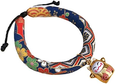 Japanese Style Blue Floral Print Handmade Pet Dog Cat Collar with Fortune Cat Bell Adjustable Necktie For Small and Medium Size Dogs