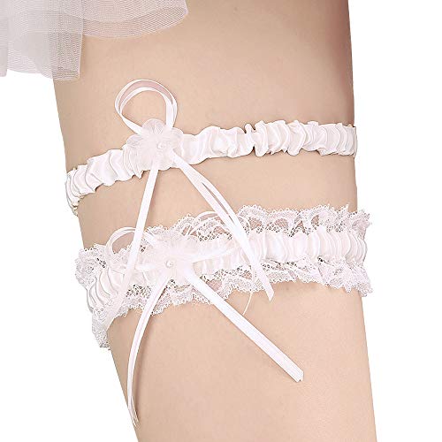 Lace Wedding Garters for Bride Pearl Stretch Prom Garter, Women Wedding Bridal Legs Garter Set (White)