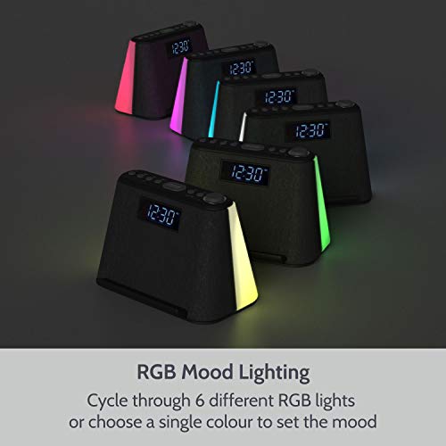 Alarm Clock Bedside Non Ticking LCD Alarm Clock with USB Charger & Wireless QI Charging, Bluetooth Speaker, FM Radio, RGB Mood LED Night Light Lamp, Dimmable Display and White Noise Machine - Thumbnail 5